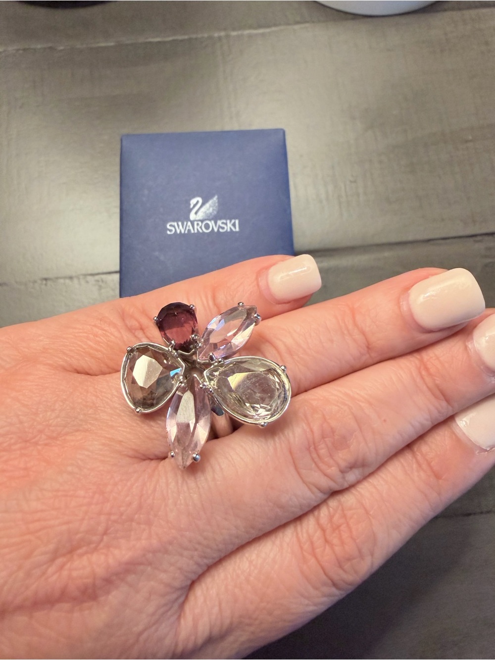 Swarovski Floral Cocktail Ring with Pale Pink and Light Purple Crystals Sz 55